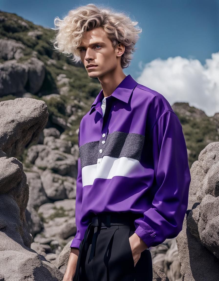 Androgynous Man on Rock with Blonde Curly Hair