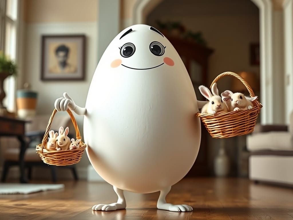 A Humorous Easter Egg Surrounded by Adorable Bunnies in a Co...