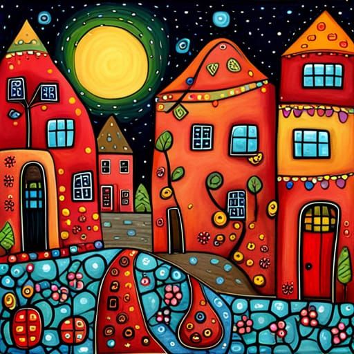 Colorful Folk Art Village Scene