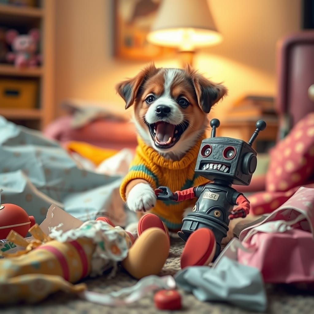 Playful Puppy with Robot Toy, Whimsical Art