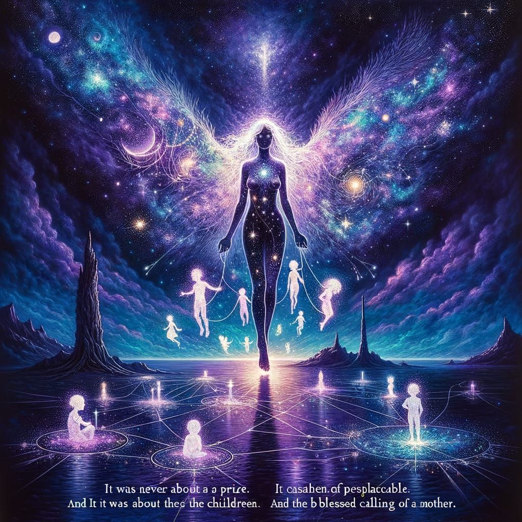 Cosmic Mother with Star Children in Indigo Sky