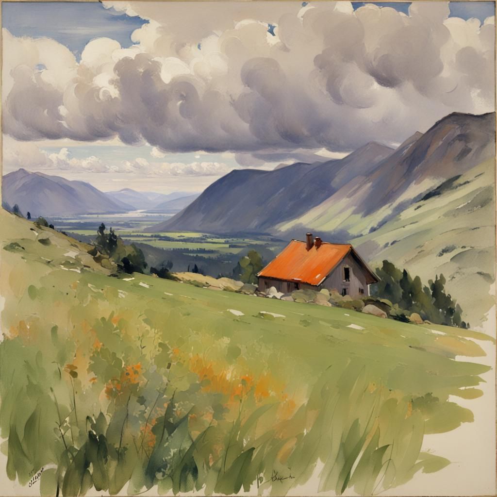 Painterly Meadow House with Mountains