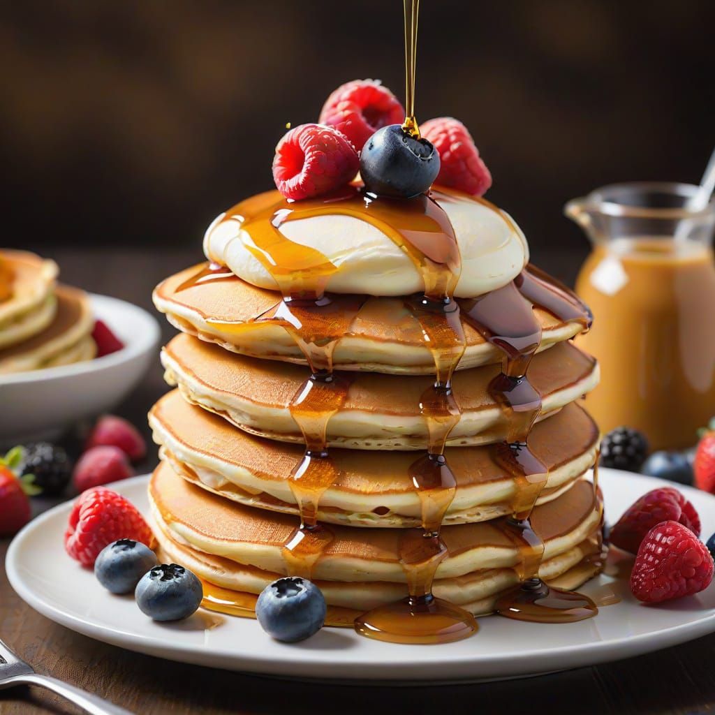 Golden Pancakes with Caramel, Berries, and Cream