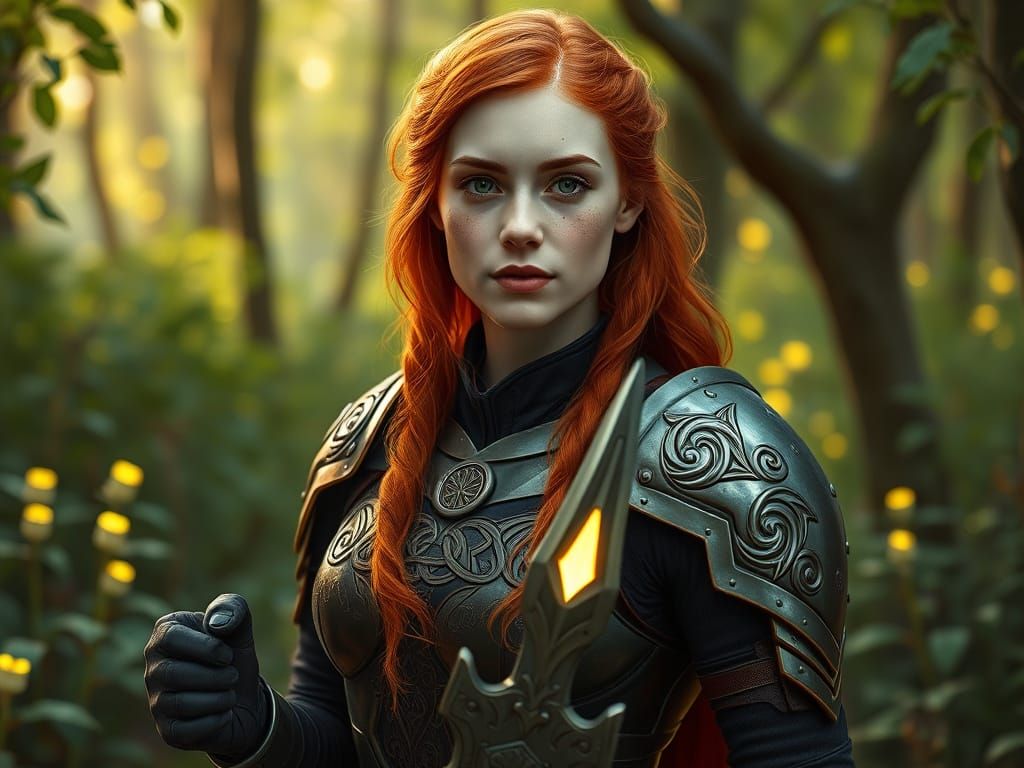 Celtic Warrior Princess in Bioluminescent Forest