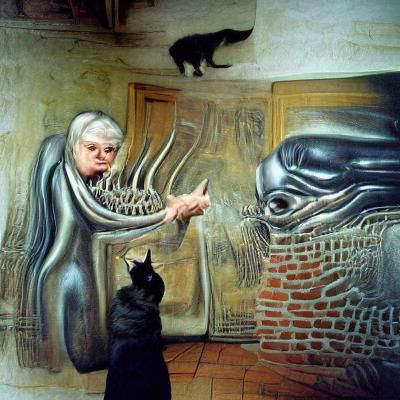 Woman Shouts at H.R. Giger's Alien Cat in Dark Futuristic Ha...