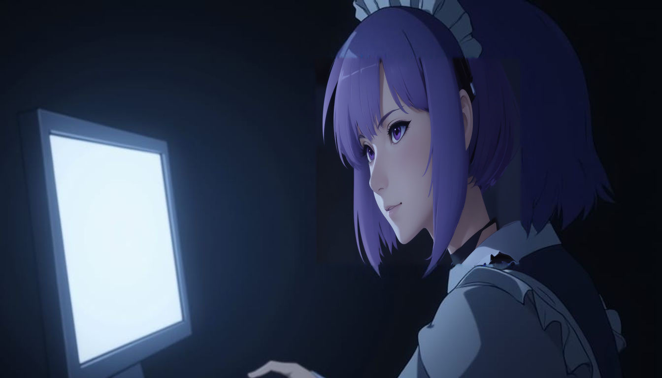 Anime Maid Viewing Computer Monitor in Dark Room