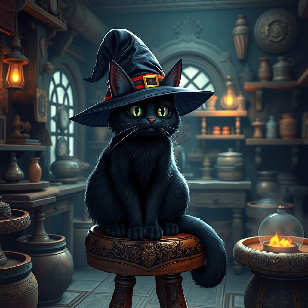 Mystical Black Feline Sorcerer in a Magical Workshop