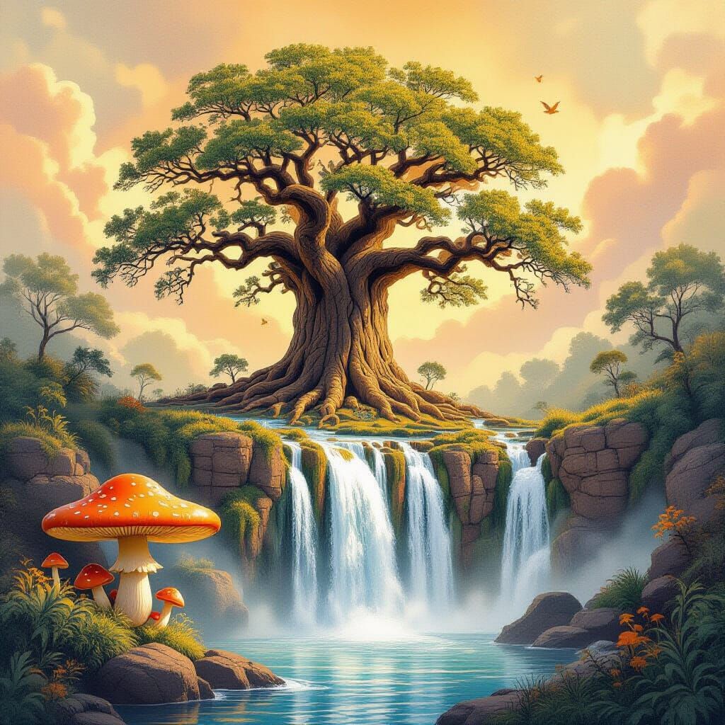 Waterfall Cascading From Baobab in Dreamlike Pencil Sketch