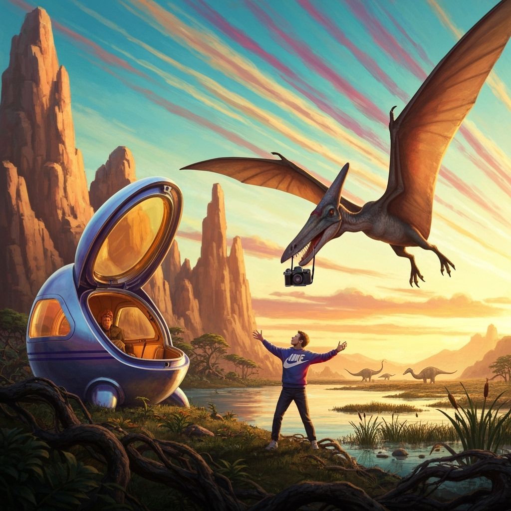 Time Traveler Meets Pterodactyl in Retro Sci-Fi Style
