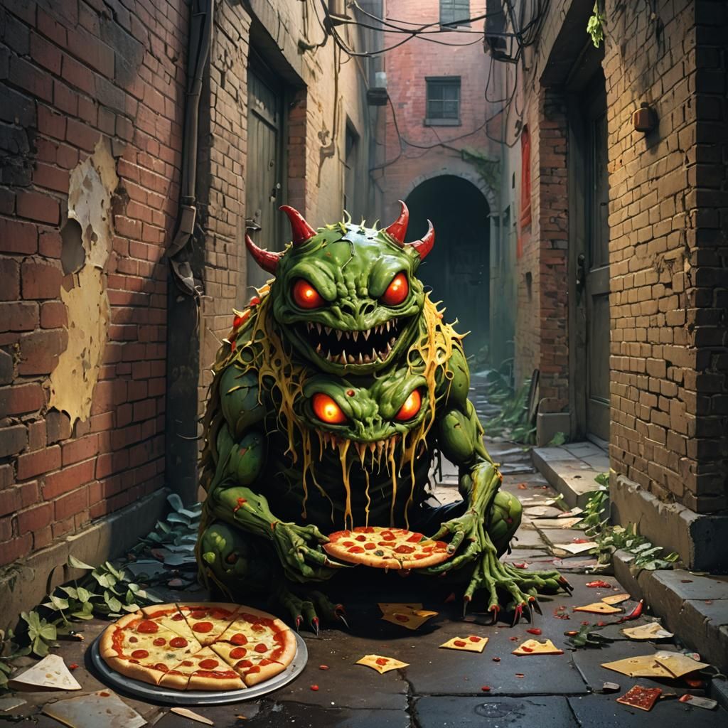 Dark Fantasy Art of a Pizza Monster in an Abandoned Alley