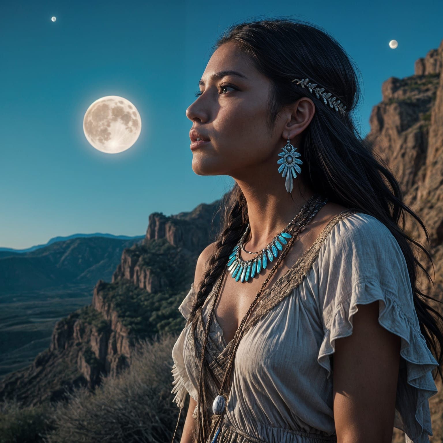 Apache Maiden Under Starlit Night in Cinematic Film Still