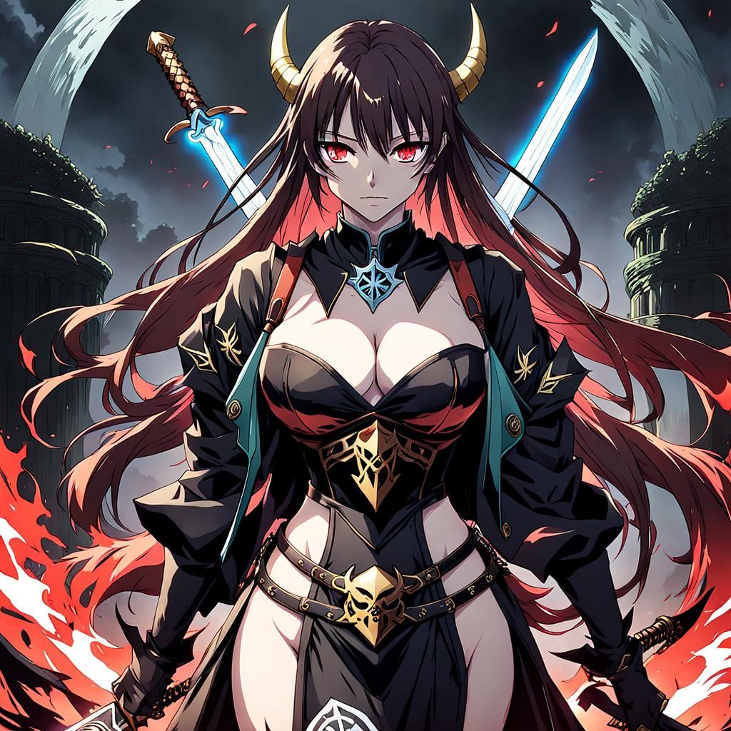 Sultry Anime Demoness Wields Swords with Bare Bust