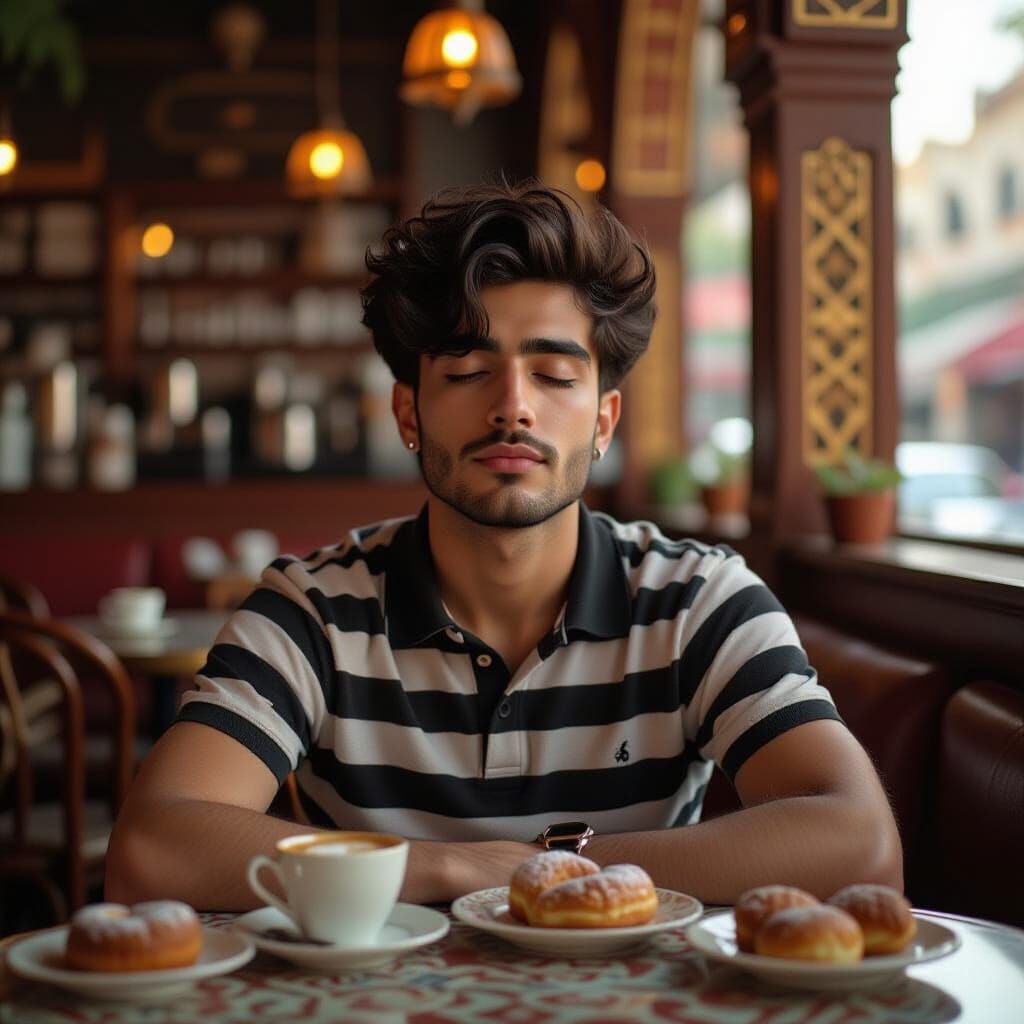 Man Contemplating Coffee and Pastries in Bustling Cafe