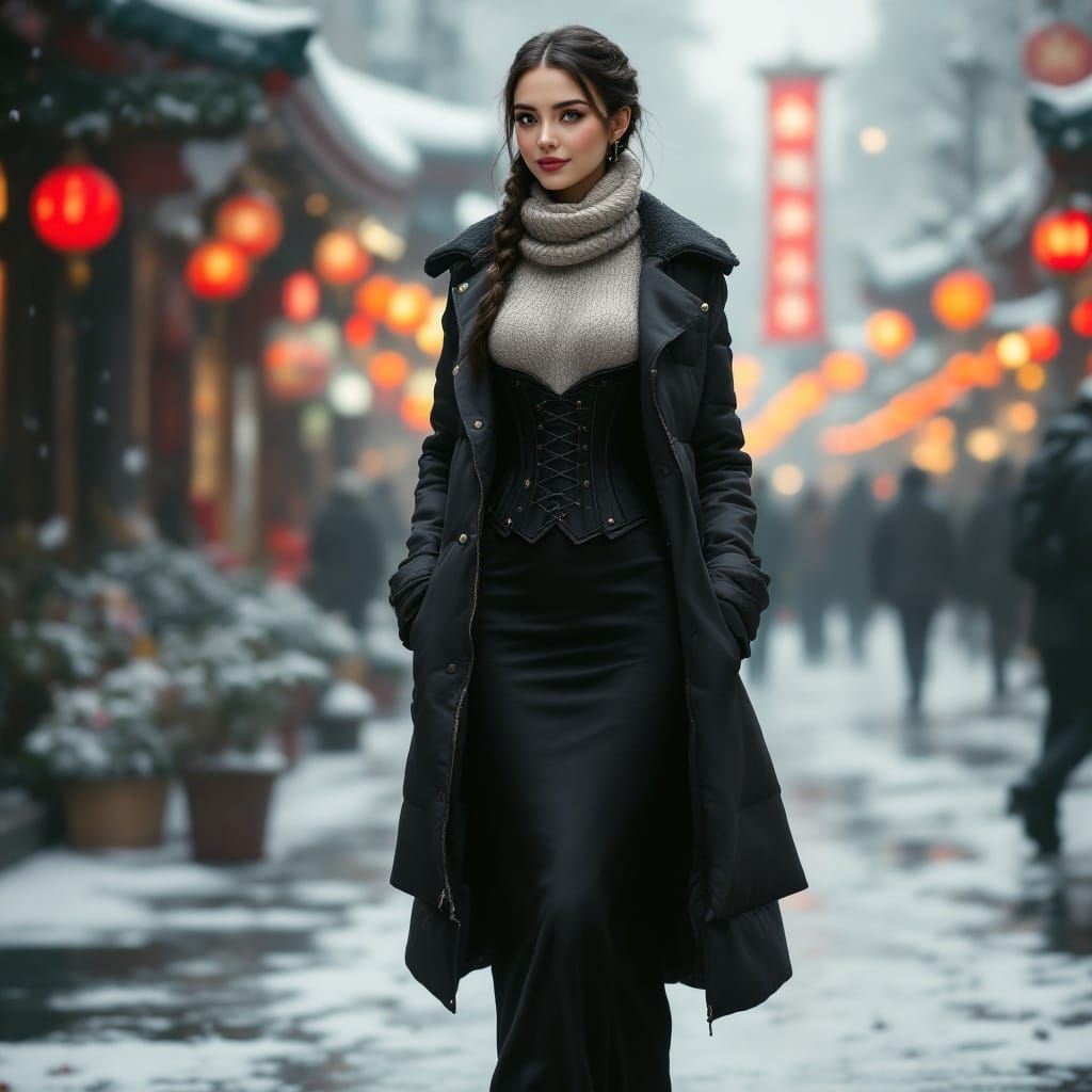 Elegant Office Lady in Winter Wonderland
