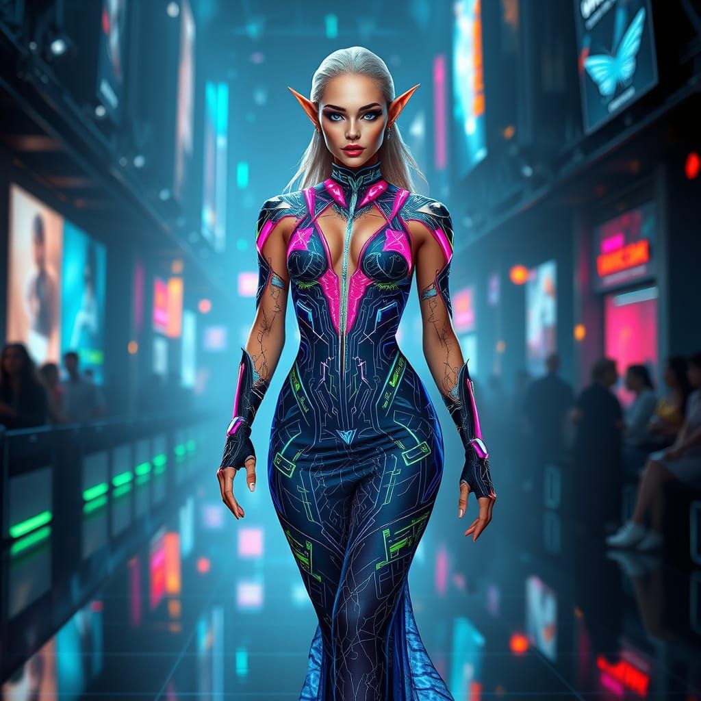 Cyberpunk Elven Decker Strides Down Futuristic Catwalk