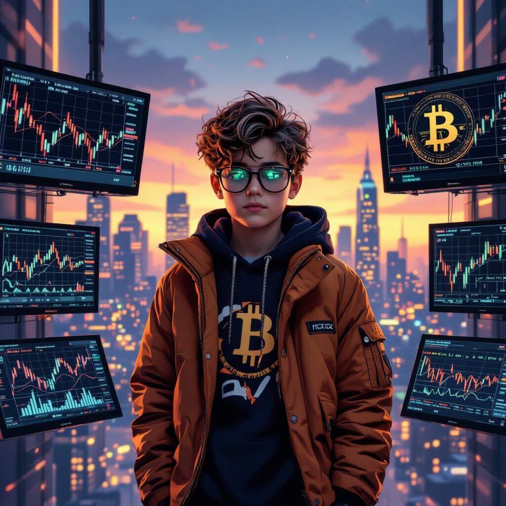 Boy Trading Crypto & Forex Amidst Futuristic Cityscape