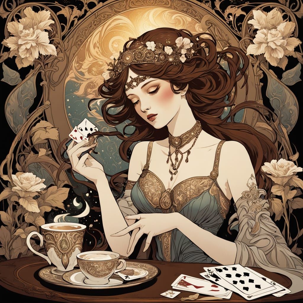 Luxurious Art Nouveau Nightcafe Scene with Whimsical Playing...