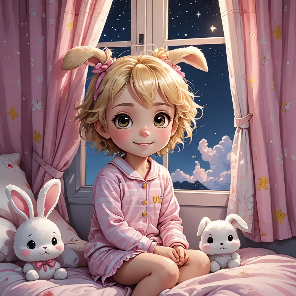 Chibi Girl Under Night Sky with Fluffy Rabbit
