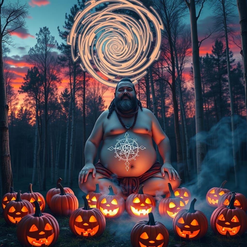 Psychedelic Shaman Amidst Magical Jack O Lanterns
