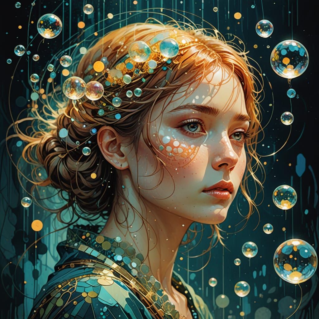 Whimsical Fantasy Landscape with Delicate Bubbles and Cubes