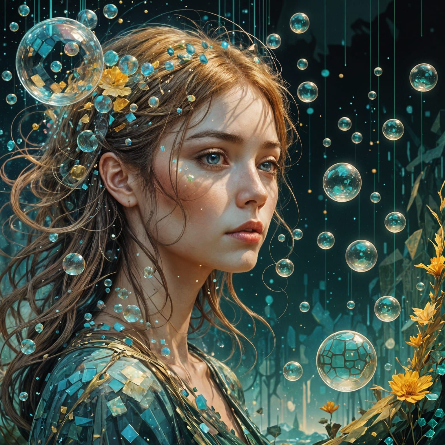 Whimsical Fantasy Scene with Iridescent Bubbles and Cubes