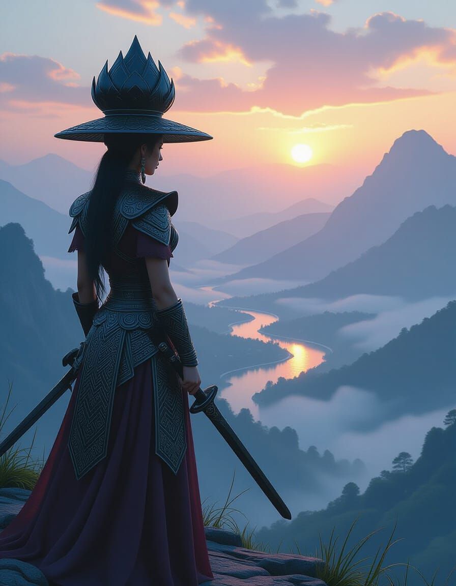 Hmong Warrior in Obsidian Lotus Helmet on Misty Peak