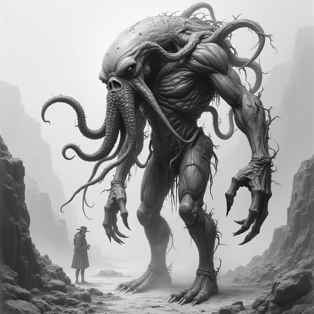 Cthulhu Hybrid Cyborg in Dystopian Landscape