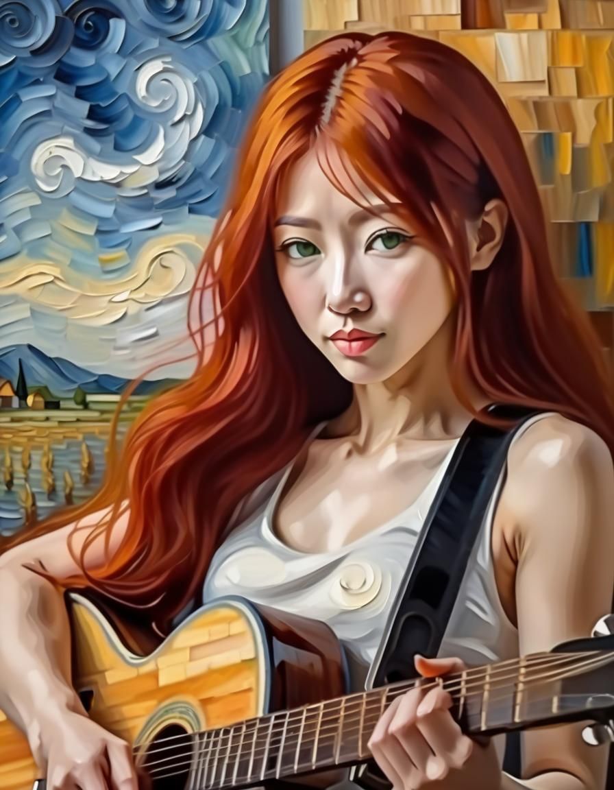 Japanese Woman Plays Guitar in Vibrant Impasto Painting