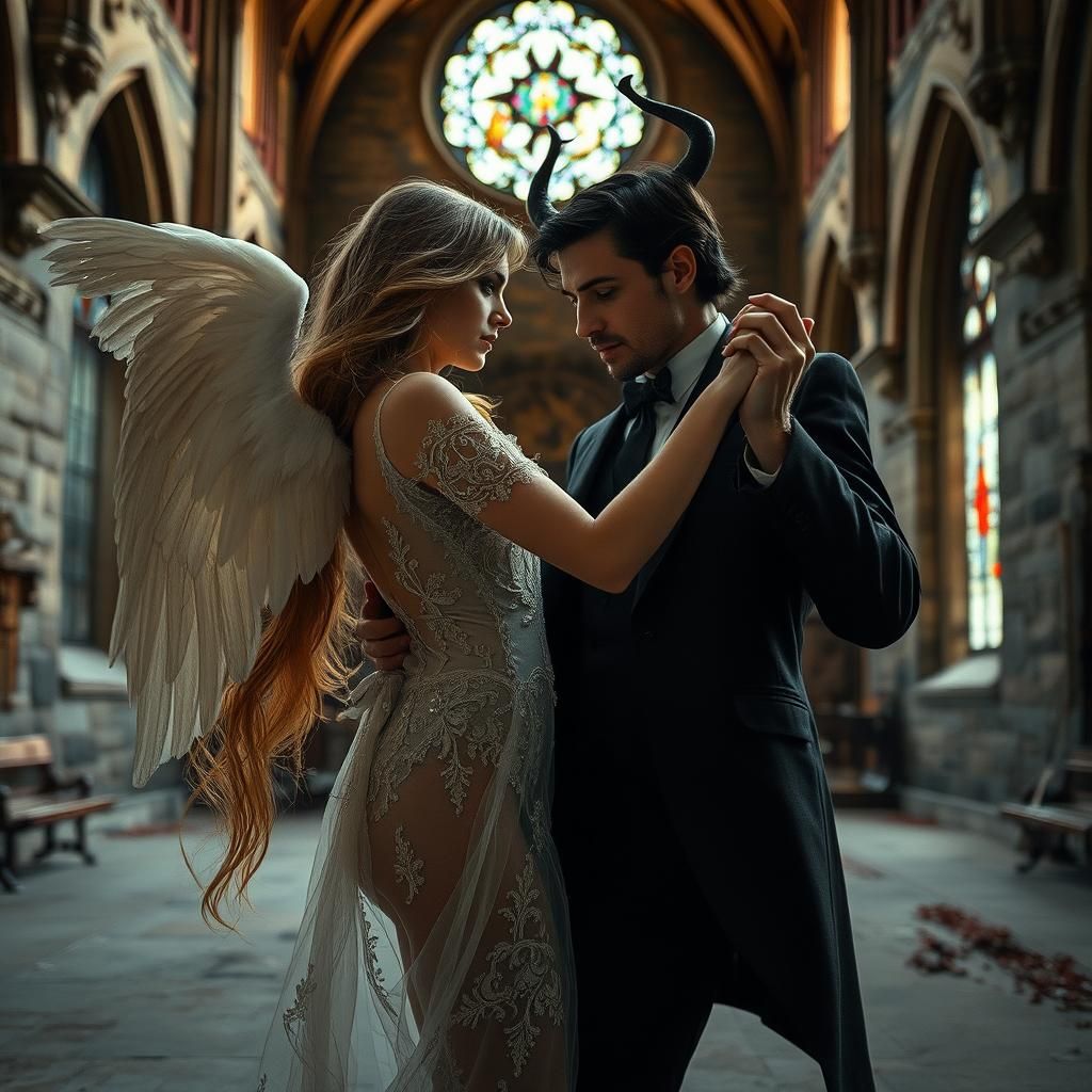 Ethereal Angel Girl Dances with the Devil in a Haunting Aban...