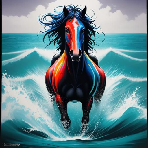 Vibrant Graffiti Horse Rising from the Ocean