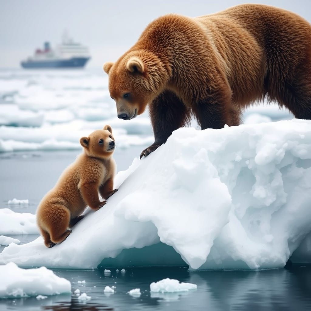 Majestic Mother Bear and Cubs on Arctic Ice Floe