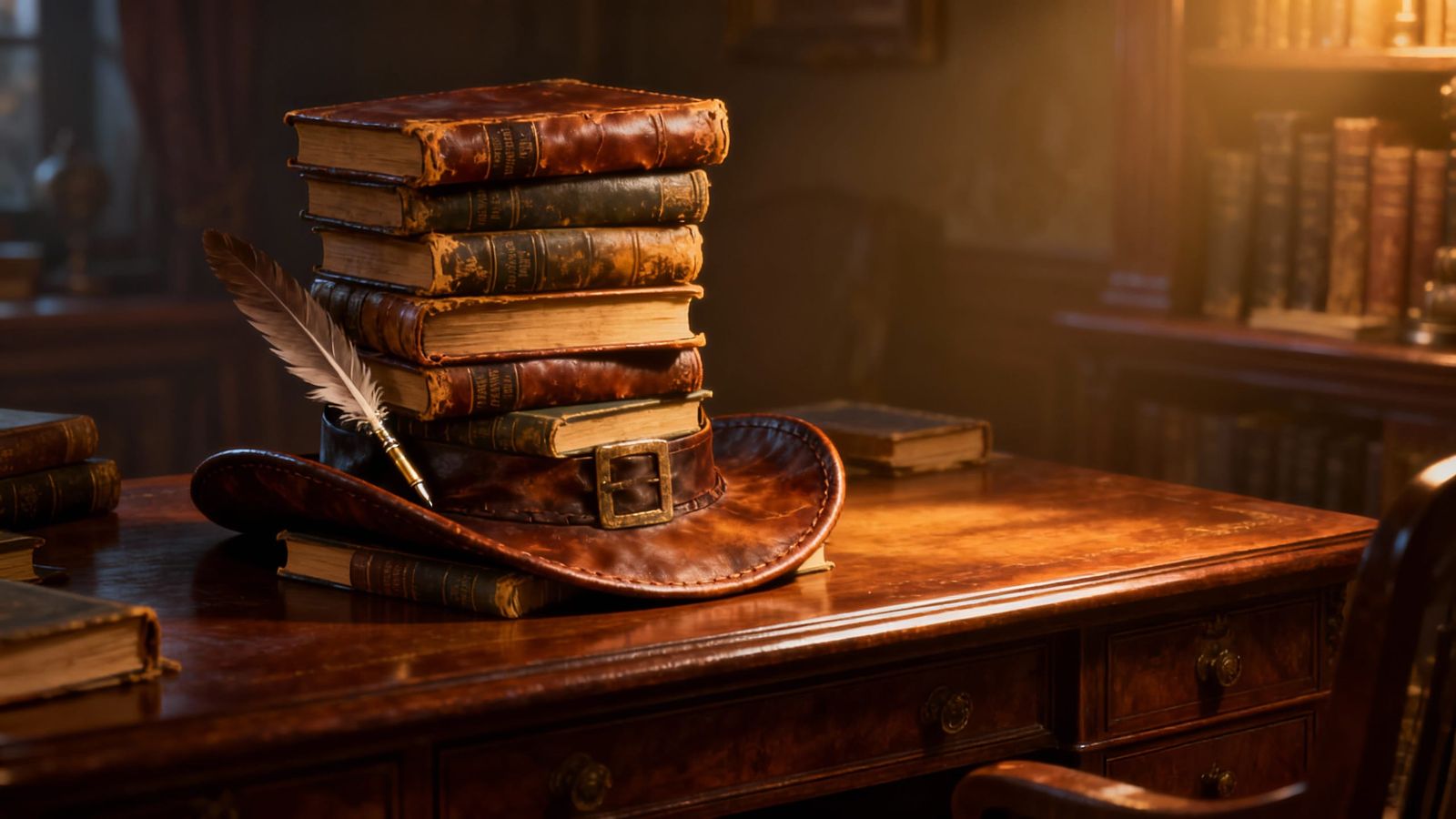 Whimsical Book Top Hat on Mahogany Desk