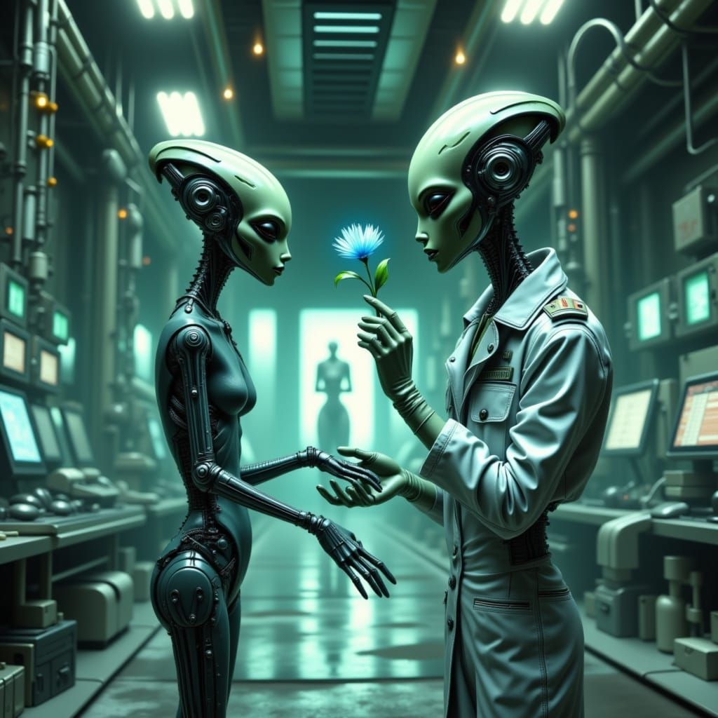 Area 51 Soldier Offers Blue Flower to Alien