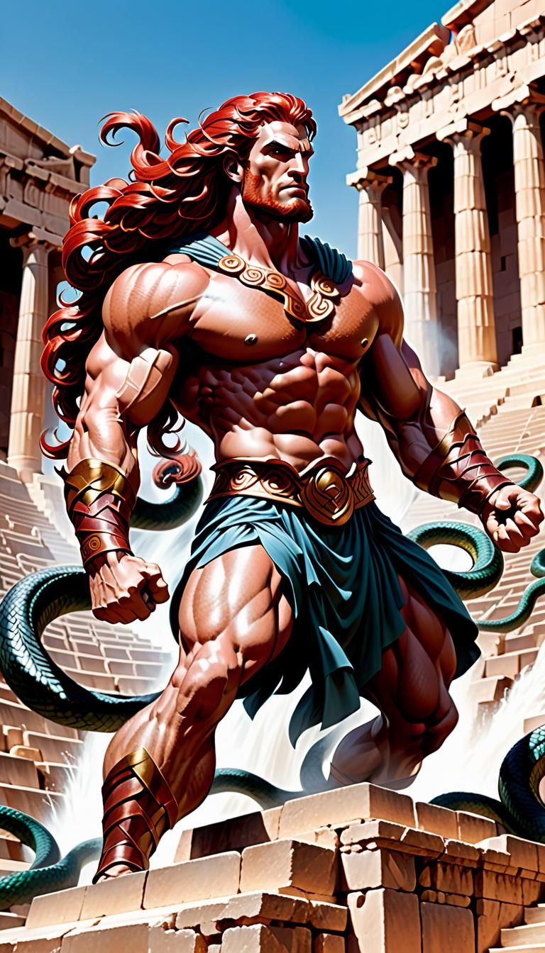 Heracles Battles Serpents in Comic Book Art