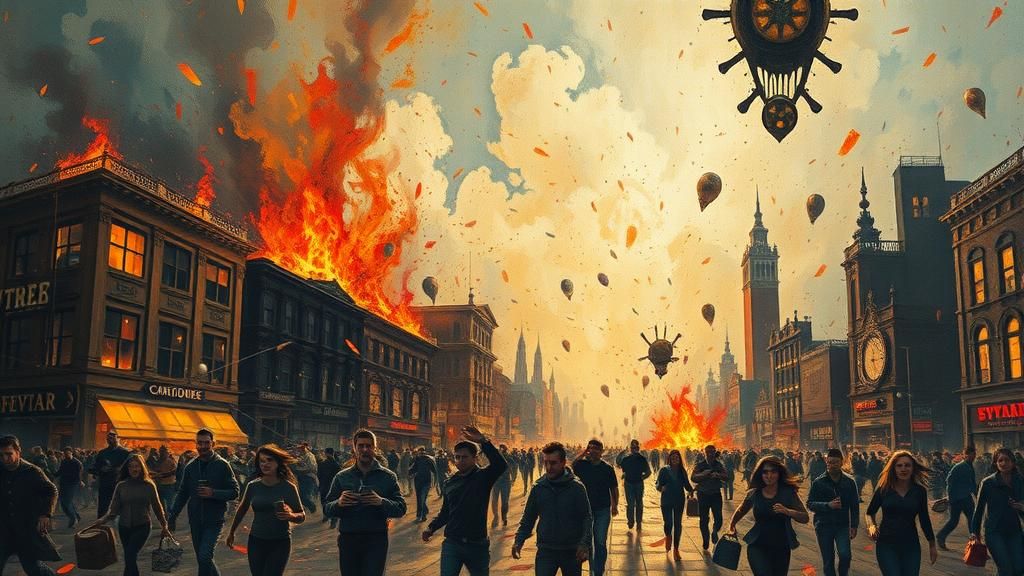 Dystopian City Ablaze with Surrealistic Motifs