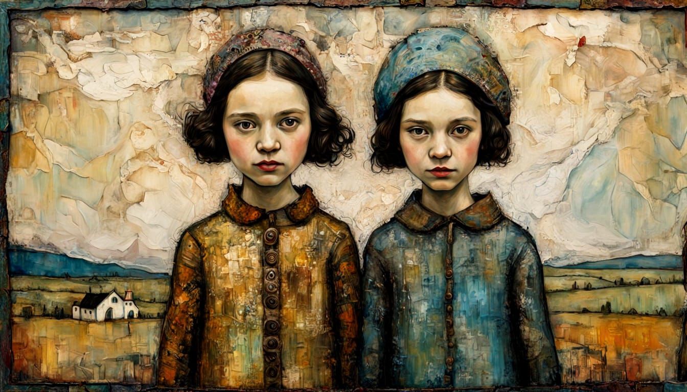 Encaustic Portrait of Two Sisters with Naive Charm
