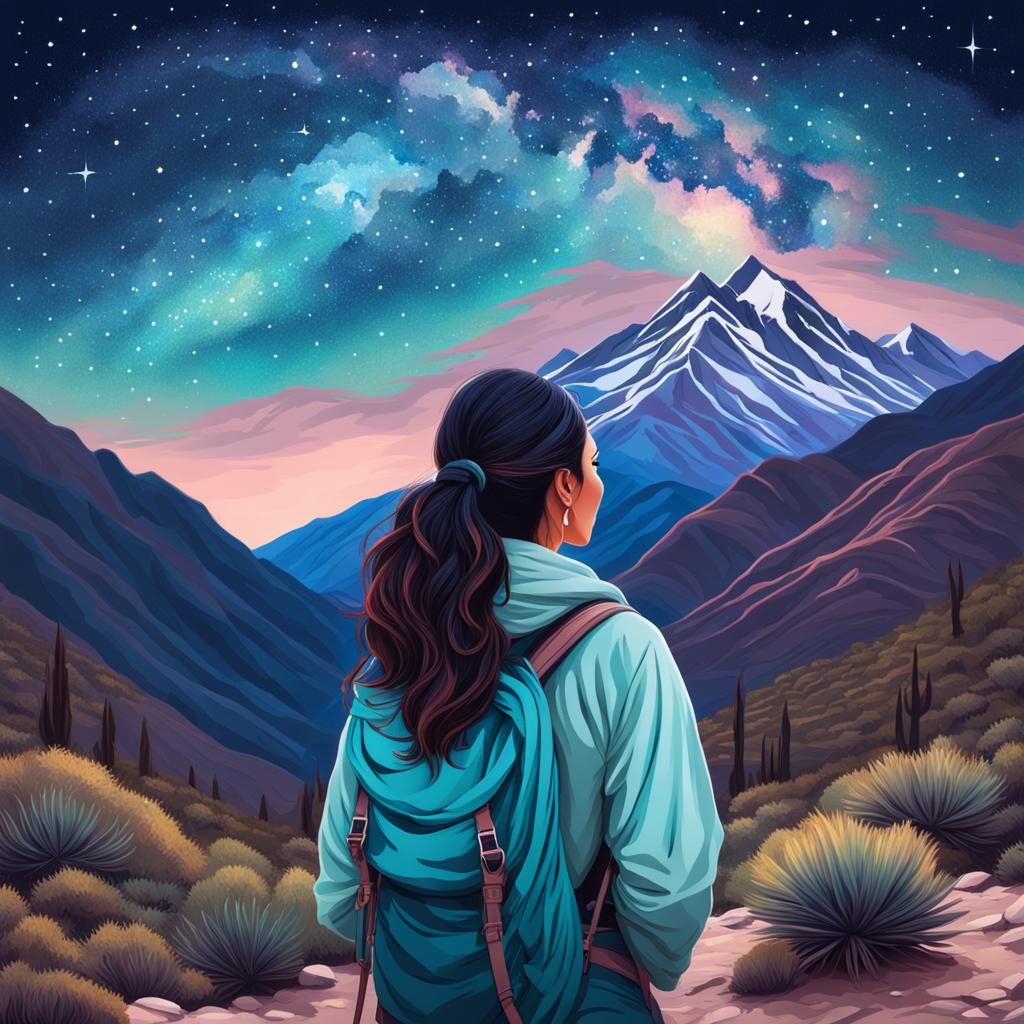 Surreal Pastel Portrait of a Mexican Hiker Under Starry Skie...