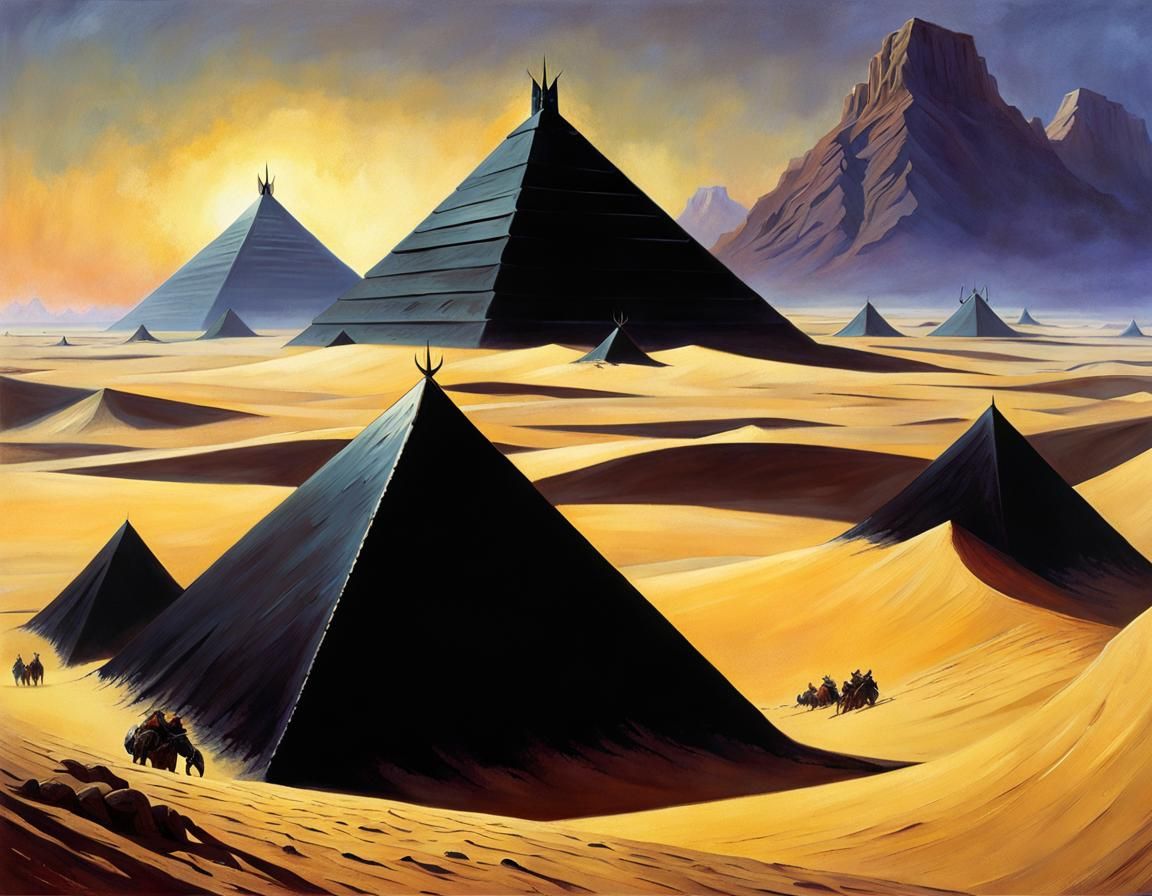 Grim Dark Fantasy: Obsidian Pyramid Buried in Crimson Sand
