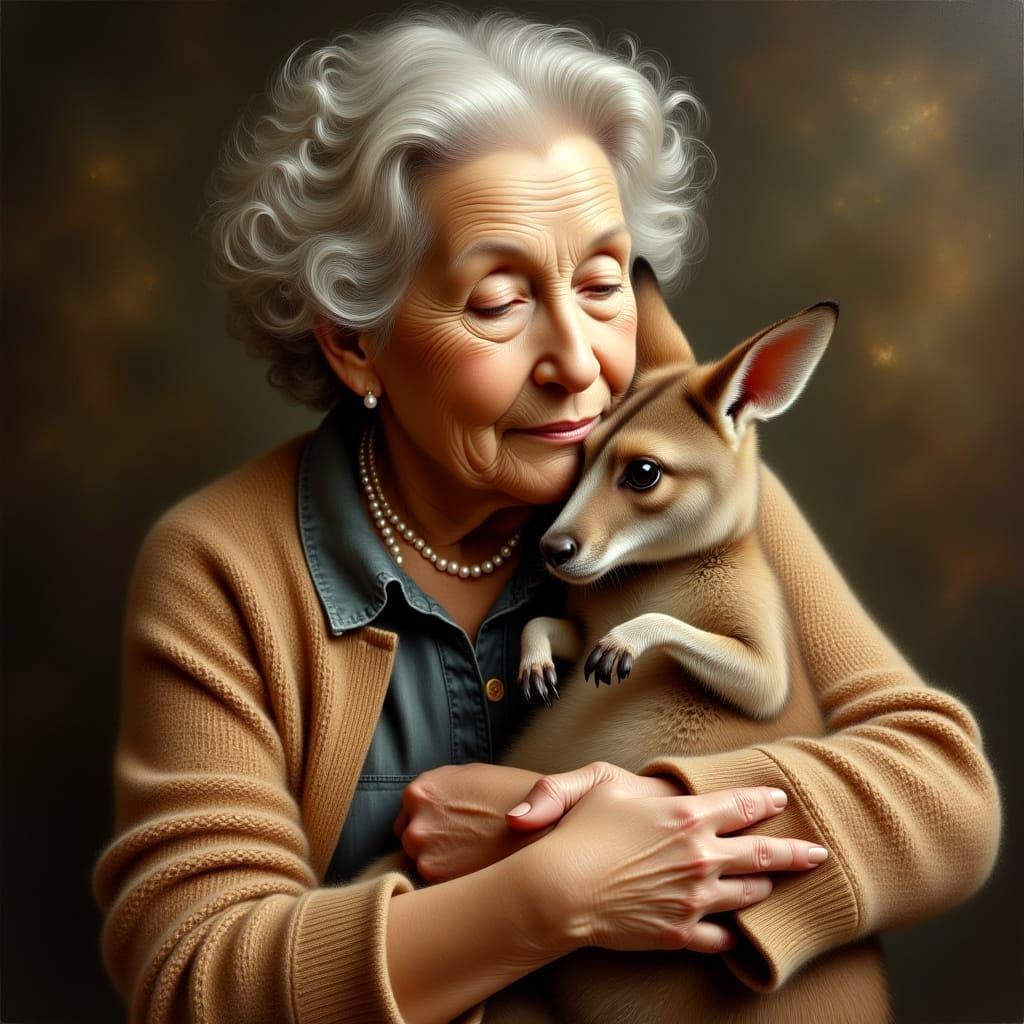 Elderly Lady Cradling Joey in Impasto Painting