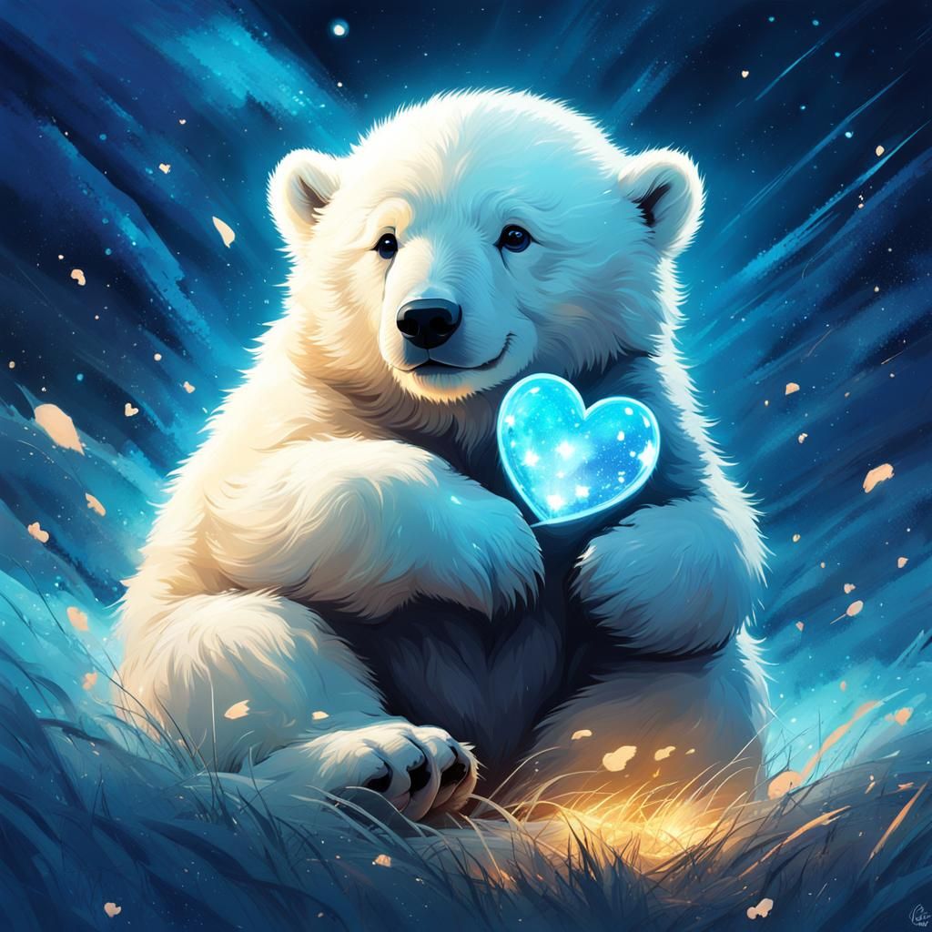 Cute Polar Bear Cub on Glowing Blue Love Field under Starry...