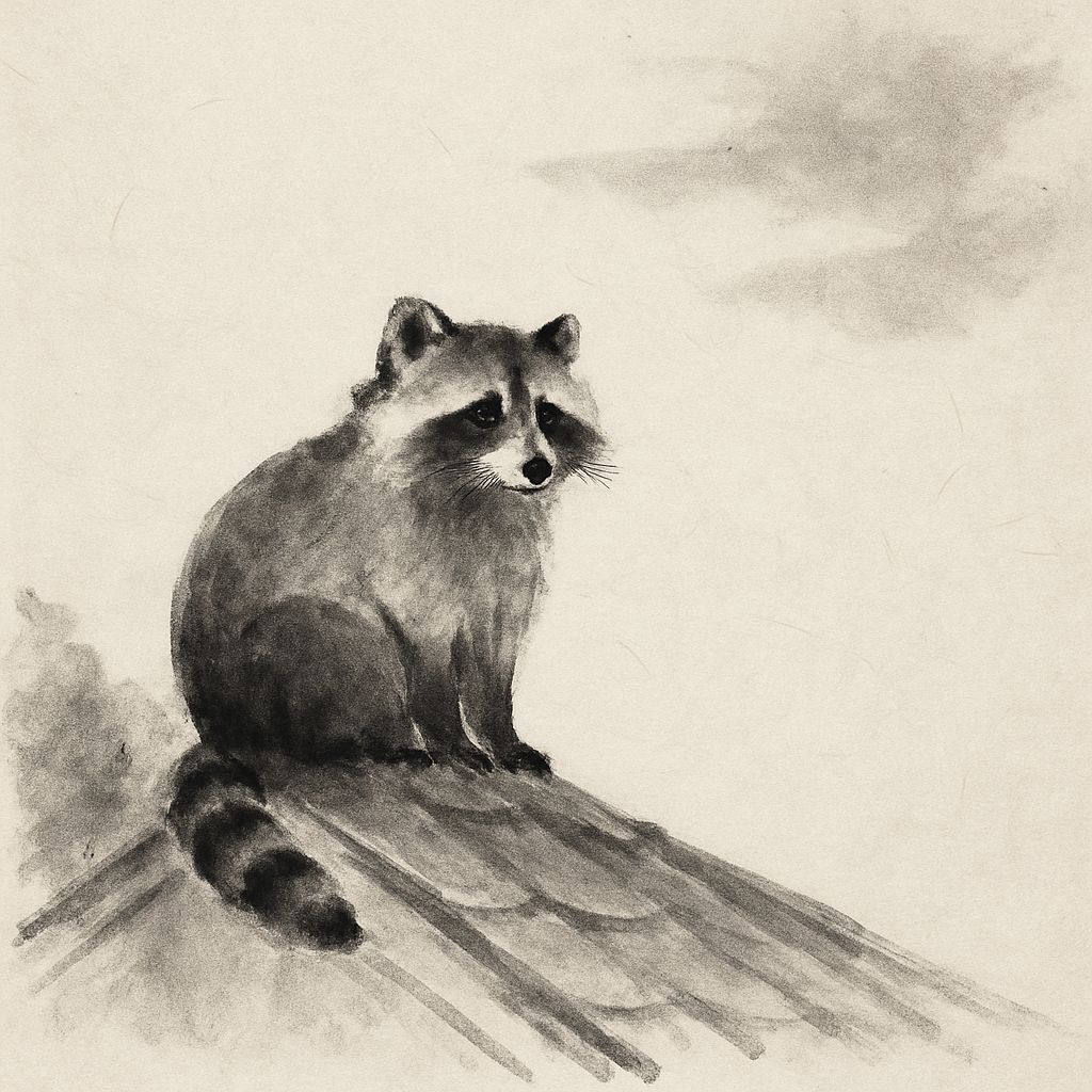 A raccoon sitting on a rooftop.