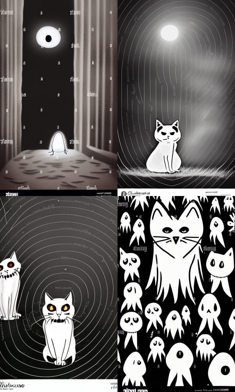 Ethereal Ghost Cats Sipping Milk in a Flickering Gothic Ambi...