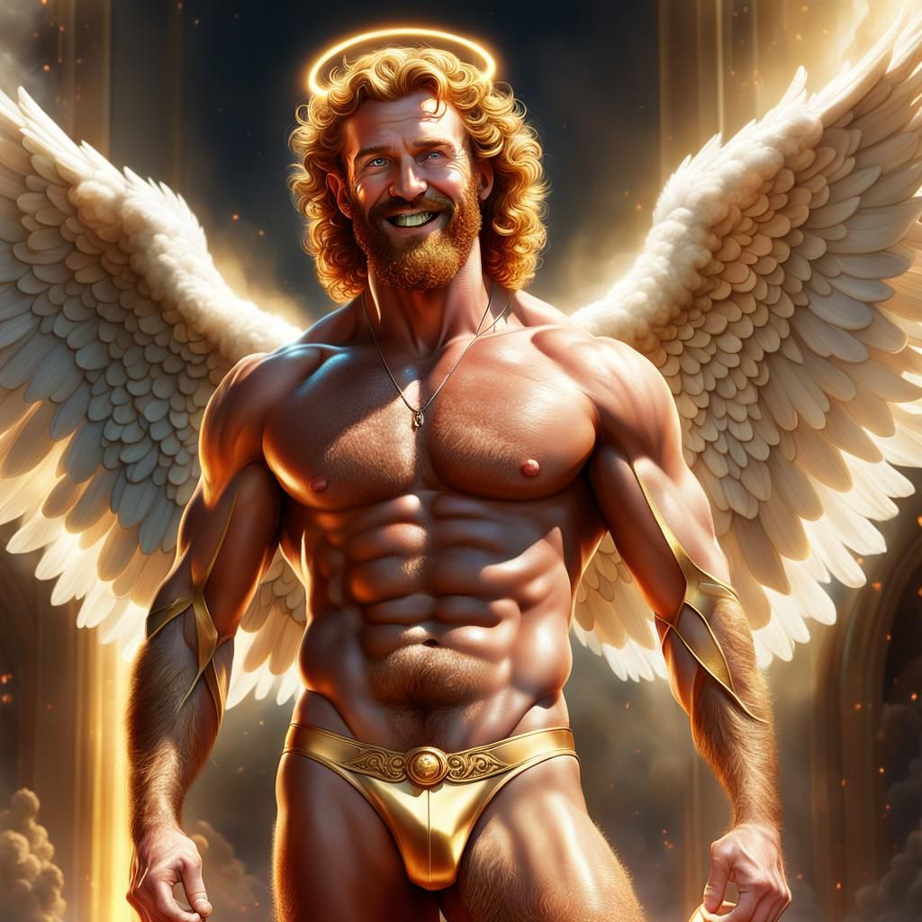 Hyper Realistic Bodybuilder Angel with a Holy Sausage