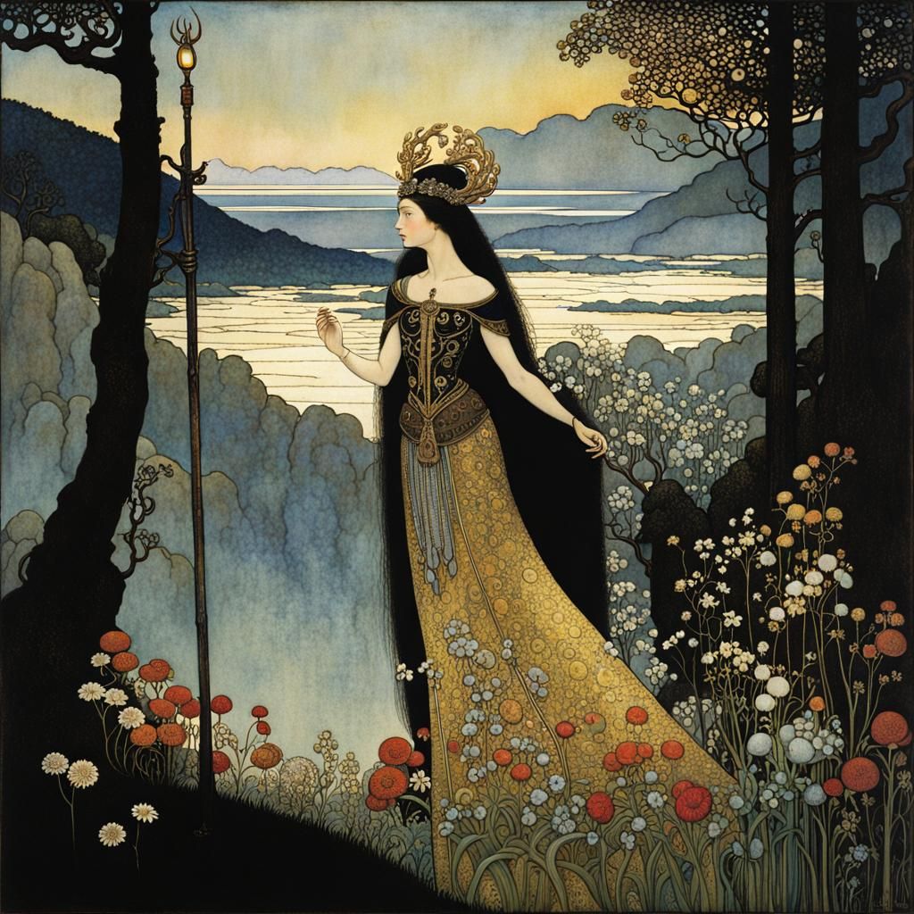 Woman With Antlers in Alpine Meadow at Sunset