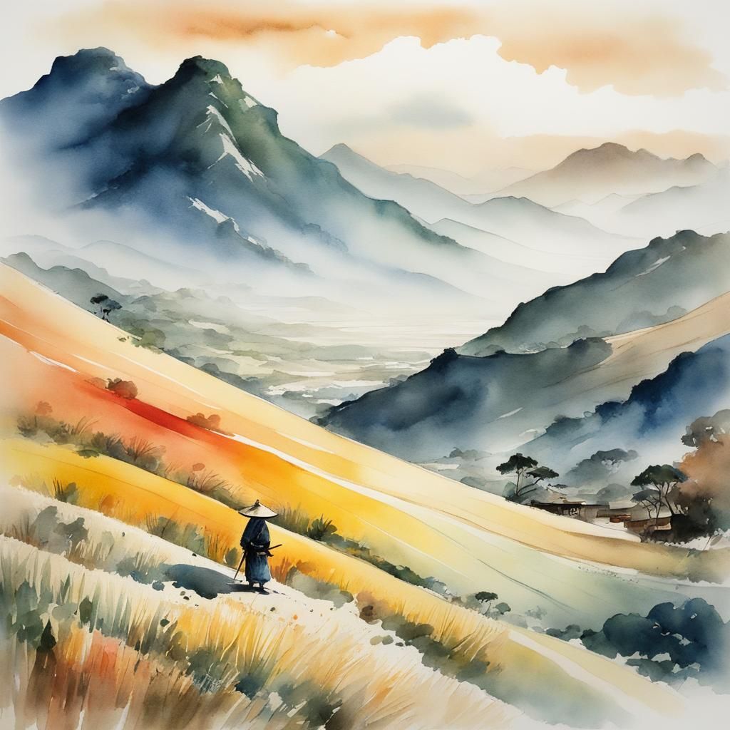 Surreal Hillscape with Samurai in Watercolor