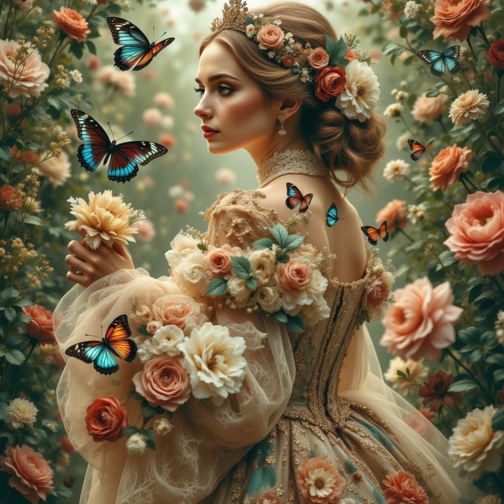 18th Century Noblewoman with Butterflies in Dreamlike Garden