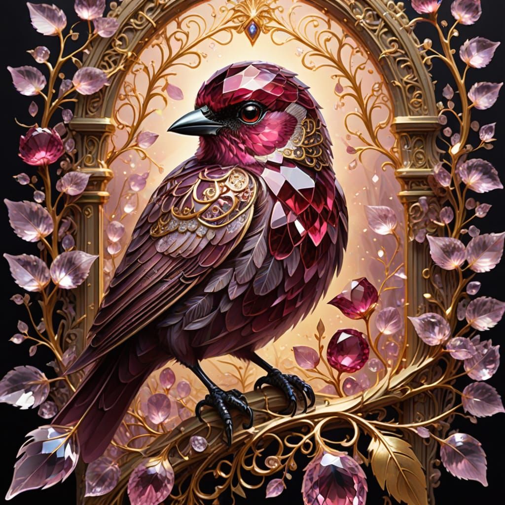 Sparkling Ruby Bird with Kunzite Eyes in Golden Filigree