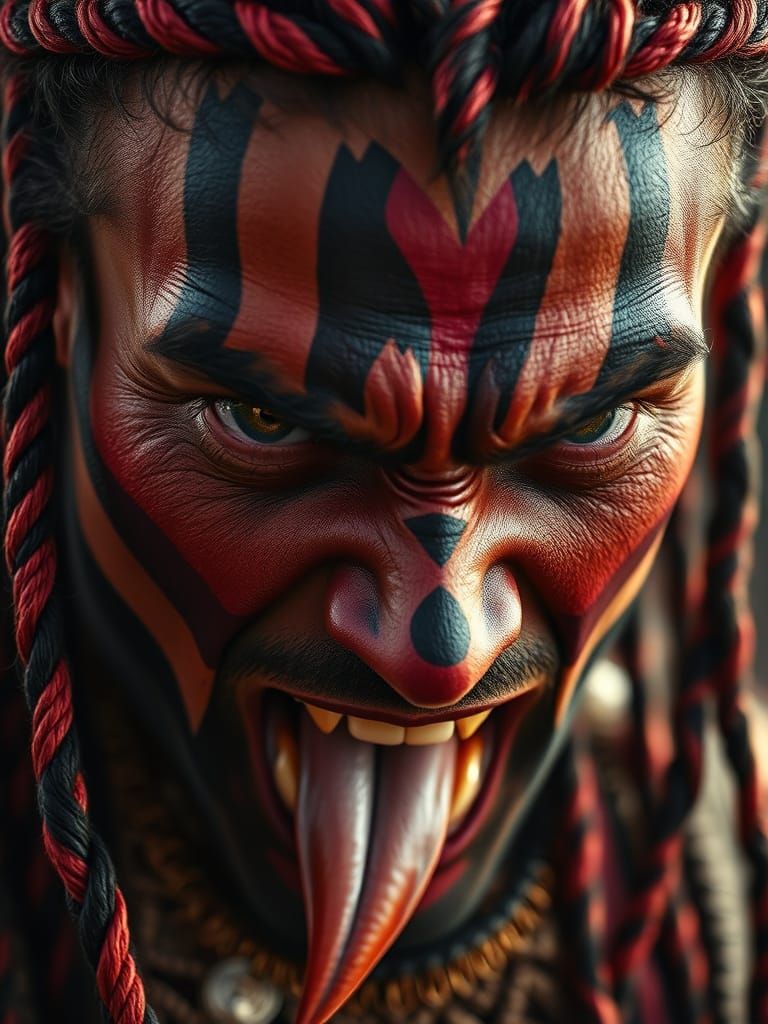 Fierce Warrior in Striped Face Paint with Braided Hair