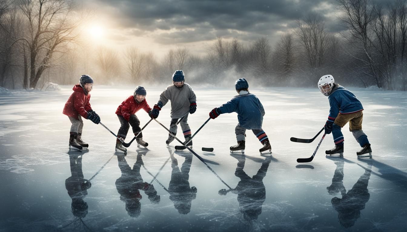 Youthful Joy on a Frozen Pond in Hyperrealistic Style
