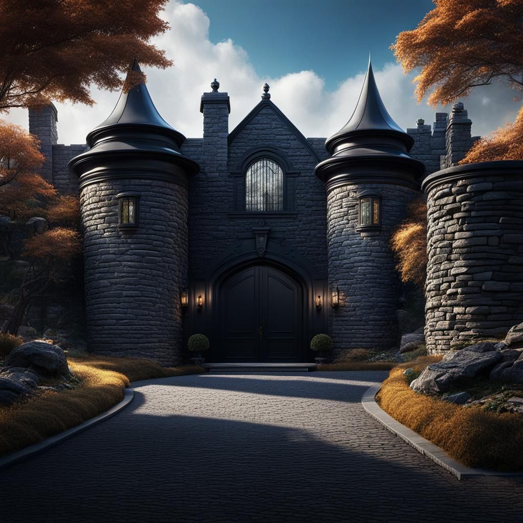 Behind a beautiful stone wall a winding driveway leads to an...